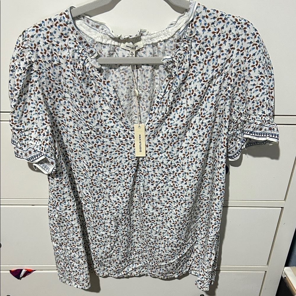 Max Studio White and Blue Floral Blouse
